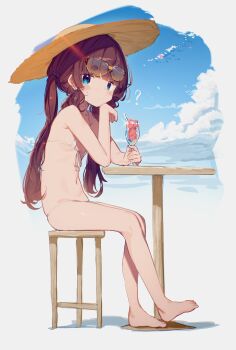 1girl ? barefoot bikini blue_background blue_eyes blue_sky blunt_bangs blush_stickers breasts brown_hair brown_hat chair cloud cup day dot_nose drinking_glass elbow_rest expressionless eyewear_on_head feet female_focus freckles from_side full_body gradient_background hat head_rest highres jitome legs liely loli long_hair looking_at_viewer lowleg lowleg_bikini micro_bikini navel original outdoors shadow sitting sky small_breasts solo stool sun_hat sunglasses swimsuit table thighs toes twintails two-tone_background white_background white_bikini