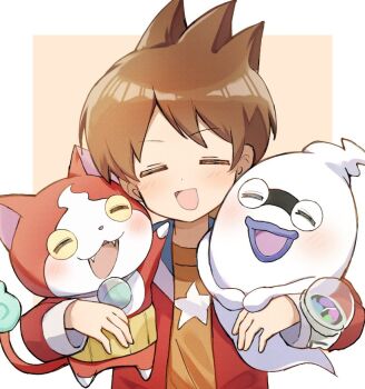 1boy amano_keita blush brown_hair closed_eyes commentary_request fangs ghost haramaki jacket jibanyan open_clothes open_jacket open_mouth orange_shirt print_shirt red_jacket shirt short_hair star_(symbol) star_print unnchi_haha watch whisper_(youkai_watch) youkai_(youkai_watch) youkai_watch youkai_watch_(object)