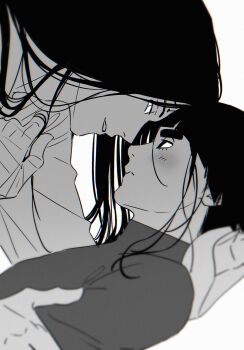 2boys absurdres bandaged_hand bandages black_hair blunt_bangs blush bowl_cut commentary_request facial_mark forehead_mark hand_on_another's_arm highres hyuuga_neji korean_commentary long_hair looking_at_another m0_mo_momo male_focus multiple_boys naruto_(series) naruto_shippuuden parted_lips rock_lee short_hair thick_eyebrows upper_body white_background yaoi