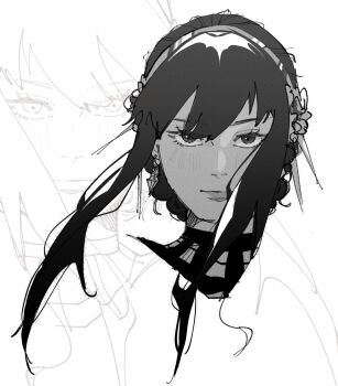 1girl blush closed_mouth commentary earrings eyelashes floating_hair greyscale hair_bun hairband hashtag-only_commentary highres jeweldraw jewelry monochrome multiple_views sidelocks spy_x_family symbol-only_commentary yor_briar