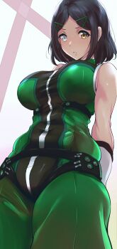 1girl arms_behind_back black_hair blush bodysuit breasts covered_navel doublemengu gloves green_bodysuit hair_ornament hairpin heterochromia highres large_breasts looking_at_viewer open_mouth sentai_daishikkaku short_hair simple_background skin_tight sleeveless solo standing sweat usukubo_angel white_background white_eyes white_gloves yellow_eyes