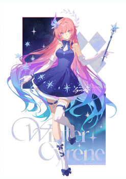 1girl aqua_hair blue_dress breasts commentary_request cyrene_(demiurge)_(honkai:_star_rail) cyrene_(honkai:_star_rail) diamond-shaped_pupils diamond_(shape) dress flower hair_flower hair_ornament high_heels highres holding holding_wand honkai:_star_rail honkai_(series) large_breasts long_hair looking_at_viewer multicolored_hair pink_hair purple_eyes single_sock single_thighhigh socks solo sougishi_ego symbol-shaped_pupils thighhighs very_long_hair wand white_hair white_socks white_thighhighs