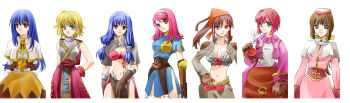 6+girls acolyte_(ragnarok_online) archer_(ragnarok_online) aria_(glamorousgossip) armor bikini blonde_hair blue_dress blue_eyes blue_hair bow bow_bra bra breastplate breasts brown_bag brown_dress brown_eyes brown_gloves brown_hair brown_headscarf capelet chest_guard cleavage closed_mouth commentary_request cowboy_shot dress gloves green_eyes grey_capelet grey_shirt grey_shorts hair_tubes hairband hat headscarf highres jacket long_hair long_sleeves looking_at_viewer mage_(ragnarok_online) medium_breasts medium_hair merchant_(ragnarok_online) midriff_tattoo multiple_girls muneate navel novice_(ragnarok_online) orange_eyes pelvic_curtain pink_bikini pink_dress pink_gloves pink_hair pink_jacket pink_shirt pink_shorts potion ragnarok_online red_bow shirt short_hair shorts simple_background smile swimsuit swordsman_(ragnarok_online) tattoo thief_(ragnarok_online) underwear white_background white_bra white_capelet white_hairband white_hat white_shirt yellow_hairband