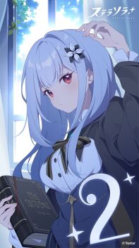 Rule 34 | 1girl, black corset, blue hair, book, breasts, brown ribbon, commentary, corset, countdown, day, deyui, flower, freesia (stella sora), hair flower, hair ornament, highres, holding, holding book, indoors, large breasts, neck ribbon, official art, red eyes, ribbon, solo, stella sora, striped ribbon, underbust, white flower, window