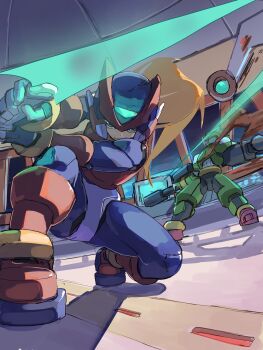 Rule 34 | 2boys, absurdres, armor, battle, blonde hair, commentary request, craft (mega man), energy sword, forehead jewel, green armor, helmet, highres, holding, holding sword, holding weapon, long hair, male focus, mega man (series), mega man zero (series), mega man zero 4, multiple boys, omochi (mochi skymega), red armor, red helmet, sword, weapon, z saber, zero(z) (mega man), zero (mega man)