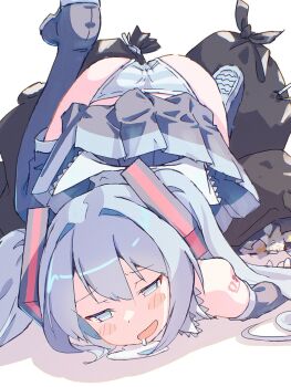 1girl akayama_yukihe aqua_hair ass commentary_request detached_sleeves drooling hatsune_miku highres long_hair looking_at_viewer lying panties pleated_skirt shoulder_tattoo skirt skirt_flip solo striped_clothes striped_panties tattoo thighhighs trash_bag twintails underwear vocaloid