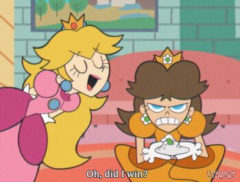 2girls angry blonde_hair blue_eyes brown_hair cartoon_network controller crown domestic_maid dress earrings flower_earrings game_controller gloves holding holding_controller jewelry mario_(series) multiple_girls nintendo open_mouth orange_dress pink_dress princess_daisy princess_peach puffy_short_sleeves puffy_sleeves short_sleeves smile white_gloves