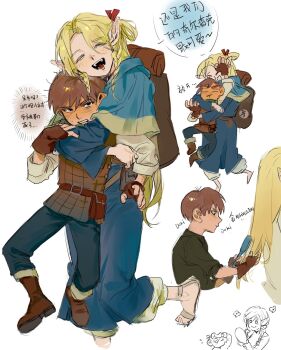 1boy 1girl backpack bag baggy_pants belt black_eyes black_pants black_shirt blonde_hair blue_capelet blue_dress blush boots braid brown_belt brown_boots brown_gloves brown_hair brown_vest brushing_another&#039;s_hair brushing_hair capelet chilchuck_tims chinese_text closed_eyes closed_mouth commentary dress dungeon_meshi english_commentary fingerless_gloves fingernails flower flying_sweatdrops gloves hair_between_eyes hair_brush hair_ornament hair_ribbon hand_mirror hand_on_own_face hand_up height_difference hetero highres holding holding_hair_brush holding_mirror hug hug_from_behind kugai697139 leg_up long_hair long_sleeves looking_at_another looking_at_mirror marcille_donato mirror multiple_views open_mouth pants pocket pointy_ears red_ribbon ribbon sandals shirt short_hair simple_background smile speech_bubble standing standing_on_one_leg tan teeth translation_request twin_braids v-shaped_eyebrows vest white_background white_pants white_sandals white_shirt wide_sleeves