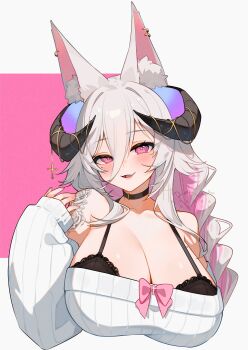 1girl animal_ear_fluff animal_ears bare_shoulders belt belt_buckle belt_collar black_belt black_bra black_horns blush bow bowtie bra braid breasts buckle cleavage collar collarbone colored_inner_hair commentary commission cropped_torso cross demon_horns dot_nose english_commentary eyelashes fang flower flower_tattoo fox_ears fraeya_(vtuber) gold_buckle grey_background grey_hair hair_between_eyes hand_on_own_shoulder happy highres horn_ornament horn_ribbon horns huge_breasts hyanna-natsu indie_virtual_youtuber lace lace-trimmed_bra lace_trim lips long_hair_between_eyes long_sleeves looking_at_viewer low_twin_braids multicolored_hair off-shoulder_sweater off_shoulder open_mouth pink_bow pink_bowtie pink_eyes pink_hair pink_lips puffy_long_sleeves puffy_sleeves ribbon rose shoulder_tattoo sidelocks sleeves_past_wrists smile solo square sweater tattoo twin_braids underwear virtual_youtuber white_sweater yellow_ribbon