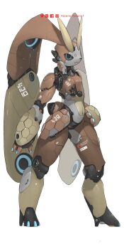 animal_focus aqua_eyes artist_name black_sclera colored_sclera commentary english_commentary facebook_logo facebook_username full_body gen_4_pokemon highres instagram_logo instagram_username lopunny mecha mechanization nintendo no_humans pixiv_logo pixiv_username pokemon pokemon_(creature) robot simple_background solo standing twitter_logo twitter_username white_background xezeno