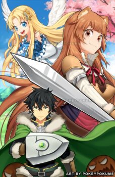 Rule 34 | 1boy, 2girls, 2others, :d, alternate eye color, animal ears, arm shield, armor, artist name, balloon (tate no yuusha no nariagari), belt, bird girl, bird wings, black belt, black dress, black hair, black shirt, blonde hair, blue dress, blue eyes, blue sky, blunt bangs, breastplate, brown armor, brown belt, brown eyes, brown gloves, brown hair, cherry blossoms, cloak, closed mouth, cloud, cloudy sky, collared dress, collared shirt, commentary, day, dress, elbow gloves, eyelashes, feathered wings, filo (tate no yuusha no nariagari), floating cape, floating hair, frilled sleeves, frills, fur-trimmed armor, fur-trimmed gloves, fur trim, gloves, green cloak, green eyes, green pants, hair between eyes, hair ornament, hand up, high collar, highres, iwatani naofumi, leather armor, legendary shield (small shield) (tate no yuusha no nariagari), legendary shield (tate no yuusha no nariagari), light frown, light smile, long hair, long sleeves, looking at viewer, messy hair, monster, multiple girls, multiple others, neck ribbon, open mouth, outdoors, pants, parted bangs, pauldrons, pinstripe dress, pinstripe pattern, pokey, raccoon ears, raccoon girl, raised eyebrows, raphtalia, red dress, red ribbon, ribbon, shirt, short hair, shoulder armor, sidelocks, single pauldron, sky, sleeveless, sleeveless dress, smile, standing, straight-on, tassets, tate no yuusha no nariagari, teeth, tongue, two-tone dress, upper teeth only, v-shaped eyebrows, v-shaped eyes, watermark, white dress, white wings, wide sleeves, wing hair ornament, wing hairpin, wings