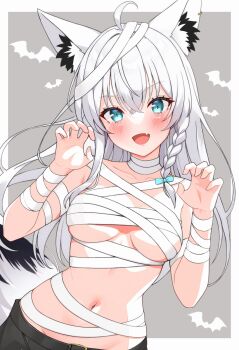 1girl ahoge alternate_costume animal_ears aqua_eyes beaterpx black_shorts blush claw_pose fang fox_ears fox_girl fox_tail highres hololive long_hair looking_at_viewer mummy_costume shirakami_fubuki shorts skin_fang smile solo tail virtual_youtuber white_hair