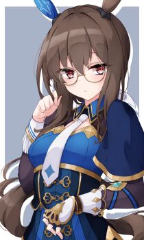 1girl absurdres admire_vega_(starry_nocturne)_(umamusume) admire_vega_(umamusume) animal_ears ayanue blue_collar blue_dress bow brown_hair collar collared_dress dress drop_shadow ear_covers ear_ornament expressionless fingerless_gloves glasses gloves gold_trim grey_background hair_intakes hand_in_own_hair highres horse_ears horse_girl horse_tail light_blush looking_at_viewer low_ponytail necktie ponytail red_eyes single_ear_cover single_fingerless_glove tail umamusume white_bow white_necktie zipper zipper_pull_tab