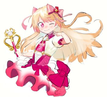 1girl blonde_hair chaos_marie_(grimms_notes) grimms_notes looking_at_viewer one_eye_closed pink_eyes smile solo upper_body user_pgkp2453