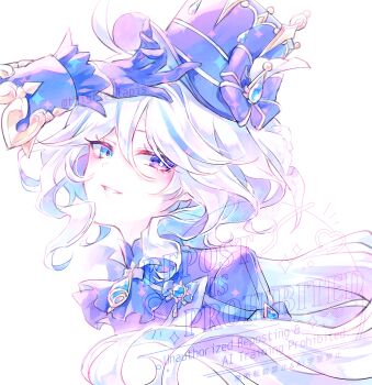 1girl ascot blue_ascot blue_eyes blue_gloves blue_hair blue_hat blue_ribbon commentary_request cropped_shoulders furina_(genshin_impact) genshin_impact gloves hat hat_ribbon heterochromia highres long_hair looking_at_viewer multicolored_hair ribbon simple_background smile solo streaked_hair thistle_lapis top_hat twitter_username watermark white_background white_hair