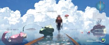 1girl absurdres asteroid_ill backpack bag bird blue_sky bulbasaur carrying cloud cloudy_sky commentary_request day flying gen_1_pokemon gen_3_pokemon gen_8_pokemon heads-up_display health_bar highres jacket looking_at_viewer minimap nintendo orbeetle outdoors pokemon pokemon_(creature) pokemon_center red_jacket reflection rock shoes sky slowpoke tentacool translation_request tree user_interface walking water white_bag white_hair wingull