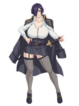 1girl belt black_jacket breasts button_gap cleavage closed_mouth collarbone dress_shirt full_body garter_belt garter_straps gluteal_fold gold_trim hair_over_one_eye hand_on_own_hip hand_on_weapon highres huge_breasts jacket jacket_on_shoulders katana loafers mattsun_(lyohei) multiple_belts original purple_eyes purple_hair shirt shoes short_hair solo standing sword weapon white_background white_shirt