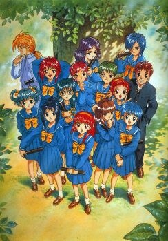 1990s_(style) 2boys 6+girls aqua_eyes aqua_hair arm_behind_back arms_behind_head arms_up asahina_yuko asymmetrical_bangs black_eyes black_hair blonde_hair blue_eyes blue_hair blue_skirt blunt_bangs bow brown_eyes brown_hair brown_shoes day diploma everyone fujisaki_shiori green_eyes green_hair grin hair_rings hairband hand_on_own_chin himoo_yuina holding holding_diploma holding_own_wrist ijuuin_rei kagami_mira katagiri_ayako kisaragi_mio kiyokawa_nozomi koshiki_yukari loafers long_hair long_sleeves looking_at_viewer medium_skirt mikihara_megumi multiple_boys multiple_girls nijino_saki non-web_source official_art open_mouth orange_hairband outdoors perspective pleated_skirt purple_hair red_eyes red_hair retro_artstyle saotome_yoshio saotome_yumi school_uniform shoes short_hair skirt smile socks standing tokimeki_memorial tokimeki_memorial_1 tree updo v v_arms wavy_hair white_socks yellow_bow