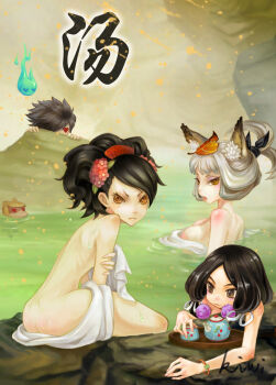1boy 3girls :3 ahoge angry animal_ears ass back bath bird black_hair bracelet breasts comb cup eyeshadow fang fire flower fox_ears glaring hair_flower hair_ornament hair_up headdress heart heart-shaped_eyes hitodama izuna_jinkuro jewelry kisuke kiwi_(artist) kongiku large_breasts leaf leaf_on_head looking_back makeup mixed-sex_bathing momohime monkey multiple_girls nude object_on_head oboro_muramasa onsen open_mouth sayo_(oboro_muramasa) shared_bathing silver_hair teacup teapot tongue tongue_out towel voyeurism water yellow_eyes