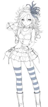 Rule 34 | 1girl, breasts, collar, collarbone, corset, dragon quest, dragon quest swords, earrings, elbow gloves, feather hair ornament, feathers, gloves, greyscale, hair ornament, jewelry, long hair, looking at viewer, monochrome, necklace, ring, setia, simple background, single elbow glove, skirt, solo, st.germain-sal, striped clothes, striped thighhighs, thighhighs, white background