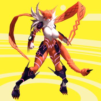 +_+ 10s 1girl 3d armor armored_boots boots breasts claws digimon digimon_adventure_tri. fangs fur_collar furry glowing_markings highres malligo meicrackmon_vicious_mode navel neon_trim no_nipples no_pussy red_eyes sharp_nails tail