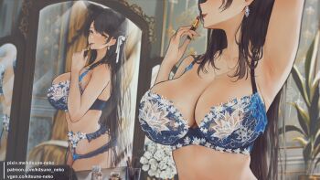 Rule 34 | 1girl, animal ears, applying makeup, arm up, armpits, atago (azur lane), azur lane, bilingual commentary, black hair, blue bra, bra, breasts, commentary, cosmetics, dog ears, dog girl, earrings, english commentary, garter belt, hair ribbon, holding, holding lipstick tube, indoors, jewelry, kitsune-neko, large breasts, lipstick tube, long hair, looking at mirror, mirror, mixed-language commentary, necklace, paid reward available, patreon username, pixiv username, reflection, ribbon, solo, underwear, very long hair, vgen username, white ribbon, yellow eyes