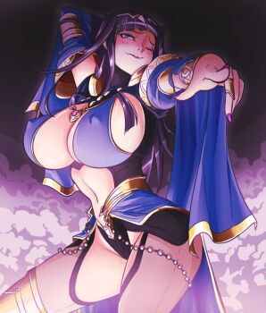 1girl alternate_costume arm_behind_head black_hair breasts cleavage dancer fire_emblem fire_emblem_awakening graphiteknight large_breasts licking_lips looking_at_viewer midriff navel nintendo one_eye_closed pointing pointing_at_viewer purple_eyes simple_background solo straight_bangs straight_hair tharja_(fire_emblem) tongue tongue_out