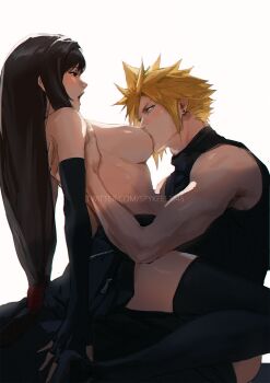 Rule 34 | 1boy, 1girl, bare arms, bare shoulders, black gloves, black hair, black skirt, black thighhighs, blonde hair, blue eyes, blush, breast sucking, breasts, clothed sex, cloud strife, commentary, couple, earrings, elbow gloves, english commentary, feet out of frame, final fantasy, final fantasy vii, final fantasy vii remake, fingerless gloves, from side, girl on top, gloves, hands on another's back, hetero, highres, jewelry, large breasts, long hair, looking at another, open mouth, profile, red eyes, short hair, simple background, sitting, sitting on lap, sitting on person, skirt, sleeveless, sleeveless turtleneck, spykeee, stud earrings, sweater, thighhighs, tifa lockhart, topless female, turtleneck, turtleneck sweater, white background