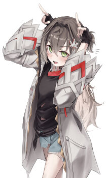 1girl :d absurdres black_gloves black_shirt blue_shorts blush breasts brown_hair clothing_cutout coat commentary_request cowboy_shot crossed_bangs fang fingerless_gloves gloves gradient_hair green_eyes hands_up highres horns_pose long_bangs long_hair long_sleeves looking_at_viewer maple_leaf_hair_ornament multicolored_hair open_mouth sakahana shirt shorts simple_background small_breasts smile solo tatsumaki_chise torn_clothes torn_shorts virtual_youtuber vspo! white_background white_coat