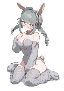 1girl absurdres animal_ear_hairband animal_ears artist_name bare_shoulders blunt_bangs blush bow braid breasts cable_knit choker cleavage detached_sleeves fake_animal_ears glasses green_hair grey_leotard hair_ornament hairband headdress highres leotard niboshidrip nontraditional_playboy_bunny original parted_bangs paw_shoes playboy_bunny pom_pom_(clothes) pom_pom_hair_ornament rabbit_ear_hairband rabbit_ears rabbit_tail red_eyes sideways_glance simple_background sitting solo tail thighhighs twin_braids wariza white_background
