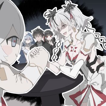 1boy 4girls absurdres arm_wrestling black_flower black_hair blake_bloom_(wuthering_waves) blue_hair blue_veil breasts camellya_(wuthering_waves) camellya_mascot_(meme) chisa_(wuthering_waves) cleavage collarbone commentary dress dual_persona earrings flower gold_earrings grey_hair hair_flower hair_ornament hair_vines highres hikaku_(siyrgr) jewelry long_hair male_rover_(wuthering_waves) medium_breasts meme multiple_girls open_mouth red_eyes rover_(wuthering_waves) shaded_face shorekeeper_(wuthering_waves) short_hair smile tacet_mark_(wuthering_waves) two-tone_veil veil white_dress white_veil wuthering_waves yellow_eyes