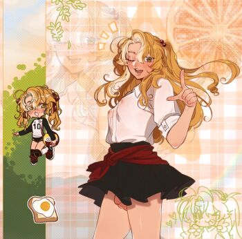 1girl ball black_shoes black_skirt black_sleeves blonde_hair blush borrowed_character bread bread_slice chibi chibi_inset clothes_around_waist collared_shirt commentary covered_erect_nipples double_v english_commentary food foreskin fried_egg fried_egg_on_toast futanari green_eyes grid_background hair_bobbles hair_ornament hair_ribbon heart highres holding holding_ball index_finger_raised j2citrus looking_at_viewer one_eye_closed open_mouth original penis penis_out pleated_skirt red_ribbon red_shirt ribbon shirt shirt_around_waist shoes skirt small_penis socks star_(symbol) teeth testicles toast twintails v wet wet_clothes wet_shirt white_shirt white_socks zoom_layer