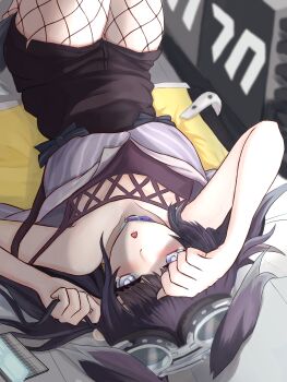 Rule 34 | 1girl, absurdres, animal ears, black hair, blue archive, blue eyes, commentary request, dog ears, dog girl, engineering department (blue archive), goggles, goggles on head, hibiki (blue archive), highres, looking at viewer, solo, user fvru8882