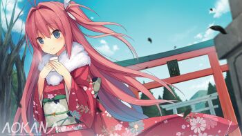 1girl antenna_hair ao_no_kanata_no_four_rhythm blue_eyes blue_sky blush closed_mouth commentary copyright_name day english_commentary floral_print floral_print_kimono fur-trimmed_kimono fur_trim green_sash hair_intakes hands_up holding japanese_clothes kimono kurashina_asuka long_hair looking_at_viewer obi official_art one_side_up outdoors pink_hair print_kimono red_kimono sash sky smile solo standing suzumori torii very_long_hair wide_sleeves