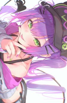 Rule 34 | 1girl, bare shoulders, black hat, close-up, closed mouth, commentary, demon tail, ear piercing, green eyes, green nails, hair ornament, hairclip, hashtag-only commentary, hat, highres, hololive, jacket, kama boko17, long hair, looking at viewer, lying, nail polish, on stomach, piercing, pink nails, purple hair, sideways, simple background, single bare shoulder, solo, tail, tail ornament, tail piercing, tokoyami towa, tokoyami towa (1st costume), tongue, tongue out, twintails, v, virtual youtuber, white background