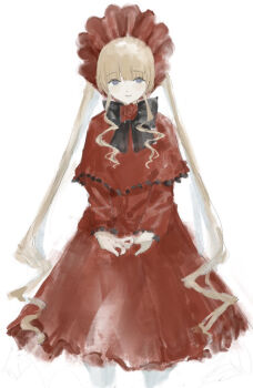 1girl blonde_hair blue_eyes bonnet dress frilled_dress frills highres kachimashita long_hair looking_at_viewer red_bonnet red_dress rozen_maiden shinku straight-on very_long_hair white_background