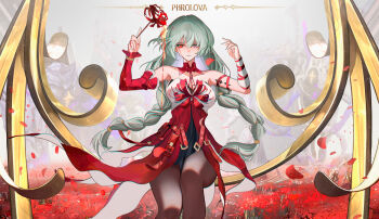 Rule 34 | 1girl, absurdres, bandaged arm, bandages, bare shoulders, black skirt, blood, bloody tears, braid, breasts, character name, commentary, detached sleeves, dress, feet out of frame, flower, grey eyes, grey pantyhose, heterochromia, highres, holding, holding flower, large breasts, long hair, looking at viewer, low twin braids, nervi fd, pantyhose, parted lips, phrolova (wuthering waves), red dress, red eyes, red flower, single detached sleeve, skirt, solo, spider lily, tacet discord (wuthering waves), tacet mark (wuthering waves), twin braids, very long hair, wuthering waves