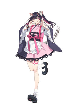 1boy :q animal_ear_fluff animal_ears apron backpack bag black_hair black_shoes blunt_bangs bracelet cho_kaguya-hime! crossdressing crossdressing_(mtf) frilled_apron frilled_kimono frilled_sleeves frills full_body hands_up highres horns japanese_clothes jewelry kimono komazawa_noi long_hair long_sleeves looking_at_viewer male_focus multicolored_hair o-ring o-ring_thigh_strap official_art pink_bag pink_eyes pink_kimono pink_ribbon ribbon second-party_source shoe_soles shoes simple_background smile socks solo standing standing_on_one_leg streaked_hair tachi-e tail thigh_strap tiger_ears tiger_tail tongue tongue_out trap twintails waist_apron white_apron white_background white_socks wide_sleeves