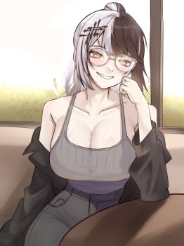 1girl black_hair black_jacket black_pants breasts camisole cleavage glasses grey_camisole grey_hair high_ponytail highres hololive hololive_english huge_breasts indoors jacket long_hair looking_at_viewer multicolored_hair nurizza_ilst pants ponytail shiori_novella shirt_tucked_in solo split-color_hair two-tone_hair virtual_youtuber window yellow_eyes