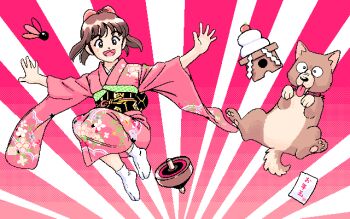 Rule 34 | 1990s (style), 1girl, :d, archived source, bow, brown eyes, brown hair, dithering, dog, dynamic pose, floating hair, floral print, floral print kimono, full body, hair bow, happy, japanese clothes, jumping, kimono, knees up, medium hair, midair, no shoes, obi, open mouth, original, otoshidama, outstretched arms, pc-98 (style), pink bow, pink kimono, pixel art, print kimono, retro artstyle, sash, shuttlecock, smile, socks, solo, spinning top, sunburst, sunburst background, teiku (take), tongue, tongue out, toy, turning head, white socks, wide sleeves