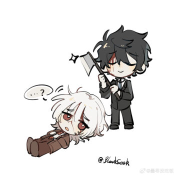2boys ? absurdres akinashi_haru axe blackseek blood blood_from_forehead blood_on_face chibi chinese_commentary commentary_request highres holding holding_axe imminent_murder lying male_focus multiple_boys on_back saihate_eki simple_background smile sparkle spoken_question_mark tatsunami_shion white_background