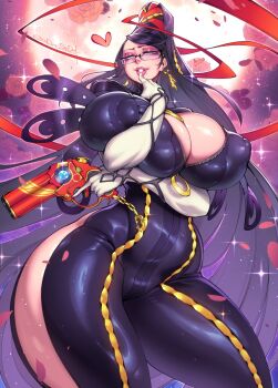 1girl alternate_breast_size_(larger) bayonetta bayonetta_(series) bayonetta_1 beehive_hairdo black_bodysuit black_hair bodysuit breasts cleavage commission covered_erect_nipples cropped_legs earrings eyeshadow finger_to_mouth glasses gofa gradient_background gun half-closed_eyes handgun highres huge_breasts jewelry lips looking_at_viewer makeup mole mole_under_mouth partially_unzipped smile solo standing thick_thighs thighs weapon