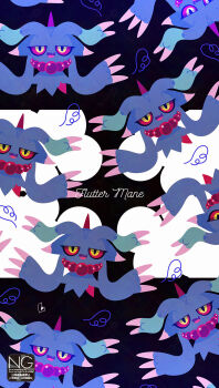 bead_necklace beads colored_sclera fang flutter_mane full_body highres jewelry looking_at_viewer meme_(sleepsheep) necklace nintendo no_humans open_mouth pokemon pokemon_(creature) pokemon_focus red_sclera smile yellow_eyes yellow_sclera