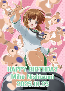 1girl absurdres bandages birthday black_neckerchief blouse boko_(girls_und_panzer) brown_eyes brown_hair character_name commentary dated english_text girls_und_panzer green_skirt happy_birthday highres knee_up long_sleeves looking_at_viewer midriff_peek miniskirt neckerchief nishizumi_miho ooarai_school_uniform open_mouth pleated_skirt sailor_collar school_uniform serafuku shirt short_hair skirt smile solo standing stuffed_animal stuffed_toy t_k tank_cupola teddy_bear white_sailor_collar white_shirt