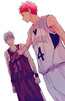 Rule 34 | 2boys, a jou, akashi seijuurou, armband, bare shoulders, basketball jersey, basketball shorts, basketball uniform, black armband, black shorts, blue hair, closed mouth, clothes grab, collarbone, commentary request, eye contact, hair between eyes, kuroko no basuke, kuroko tetsuya, looking at another, male focus, multicolored clothes, multiple boys, parted lips, rakuzan high basketball uniform, red hair, seirin high basketball uniform, shorts, sportswear, standing, toned, toned male, v-neck, white shorts, yellow eyes
