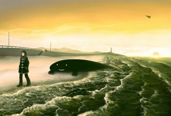 1girl aircraft airplane b-2_spirit beach black_coat black_footwear black_pants bomber brown_hair closed_mouth coat creature flying_wing footprints glass hands_in_pockets heavy_bomber lamppost long_hair military military_vehicle original outdoors pants penetrator_(aircraft) railing shirakaba shoes silhouette sky smile solid_circle_eyes stairs stealth stealth_aircraft stealth_bomber strategic_bomber sun sunset walking water