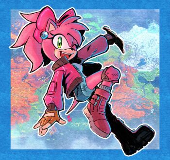 1girl amy_rose blue_border boots border cosplay denim denim_shorts fingerless_gloves full_body gloves green_eyes highres knee_pads kryptiq_kreachur map map_background mario_(series) mario_kart mario_kart_world nintendo one_eye_closed outline outside_border princess_peach princess_peach_(cosplay) shorts sonic_(series) white_outline