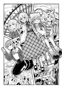 5girls :q ahoge alternate_costume amusement_park animal_ears argyle_clothes argyle_sweater breasts cardigan closed_mouth collared_jacket collared_shirt commentary_request dark-skinned_female dark_skin dress elf fox_ears fox_girl fox_tail greyscale half_updo highres hololive hoshimachi_suisei jacket large_breasts letterman_jacket long_dress long_sleeves mary_janes monochrome multiple_girls neck_ribbon off-shoulder_sweater off_shoulder omaru_polka open_cardigan open_clothes open_collar open_jacket pants people plaid_clothes plaid_dress pointy_ears ribbon roller_coaster sakura_miko shiranui_flare shiranui_kensetsu shirogane_noel shirt shoes short-sleeved_sweater short_hair short_sleeves single_off_shoulder sleeves_past_wrists smile socks striped_clothes striped_sweater sweater tail tongue tongue_out tsumumi_(kandume103) virtual_youtuber