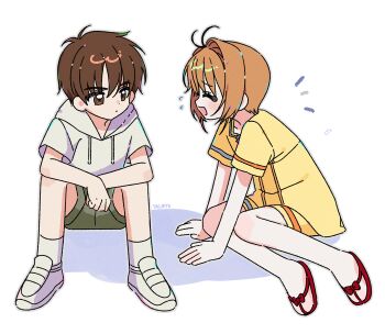 Rule 34 | 1boy, 1girl, :d, absurdres, artist name, blush, brown eyes, brown hair, cardcaptor sakura, closed eyes, closed mouth, drawstring, elbows on knees, facing another, flying sweatdrops, full body, green shorts, grey outline, highres, hood, hood down, hoodie, kinomoto sakura, knees up, li syaoran, open mouth, outline, red sandals, sandals, shirt, shoes, short hair, short sleeves, shorts, simple background, sitting, smile, socks, white background, white hoodie, white shoes, white socks, yalmyu, yellow shirt