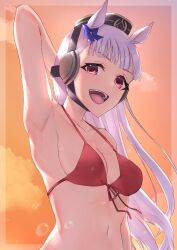 Rule 34 | 1girl, absurdres, alternate costume, animal ears, arm up, armpits, bikini, bow, breasts, brown hat, commentary request, ear bow, front-tie bikini top, front-tie top, gold ship (umamusume), grey hair, hat, highres, horse ears, horse girl, long hair, looking at viewer, medium breasts, navel, open mouth, outdoors, pillbox hat, purple bow, red eyes, smile, solo, swimsuit, teeth, umamusume, upper body, upper teeth only, very long hair, yu sakae
